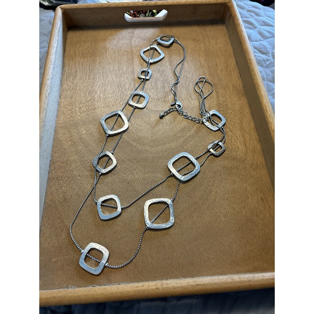 Chico's Double Strand Long Necklace, Silver Tone Squares 39”